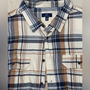 Men’s Plaid Flannel Shirt - Beige, Blue & Brown Long Sleeve Button-Up